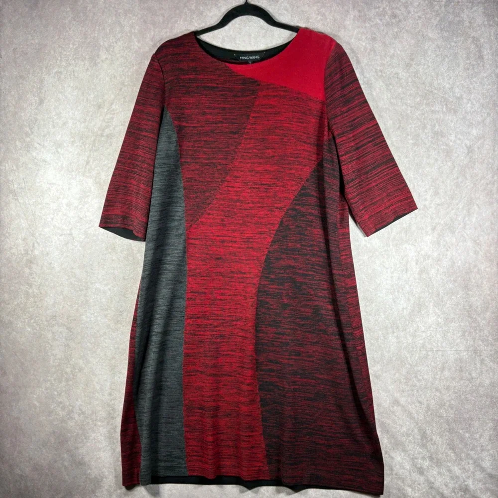 Ming Wang Knit Dress Womens Size Large Red Gray Colorblock Sheath 3/4 Sleeve Mod